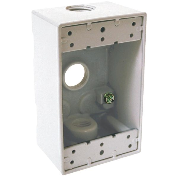 Bell Single Gang 1 2 In. 3-Outlet White Aluminum Weatherproof Outdoor Outlet Box, Carded For Sale