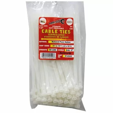 Tool City 7.9 in. L White Nylon 50 lbs. Tensile Releasable Cable Tie 100 Pack Online now