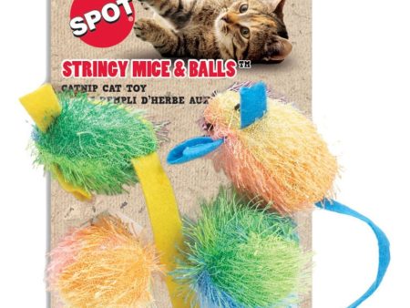 SPOT STRINGY MICE & BALL W CATNIP (2 IN-4 PK, ASSORTED) For Discount