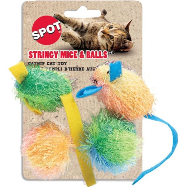 SPOT STRINGY MICE & BALL W CATNIP (2 IN-4 PK, ASSORTED) For Discount